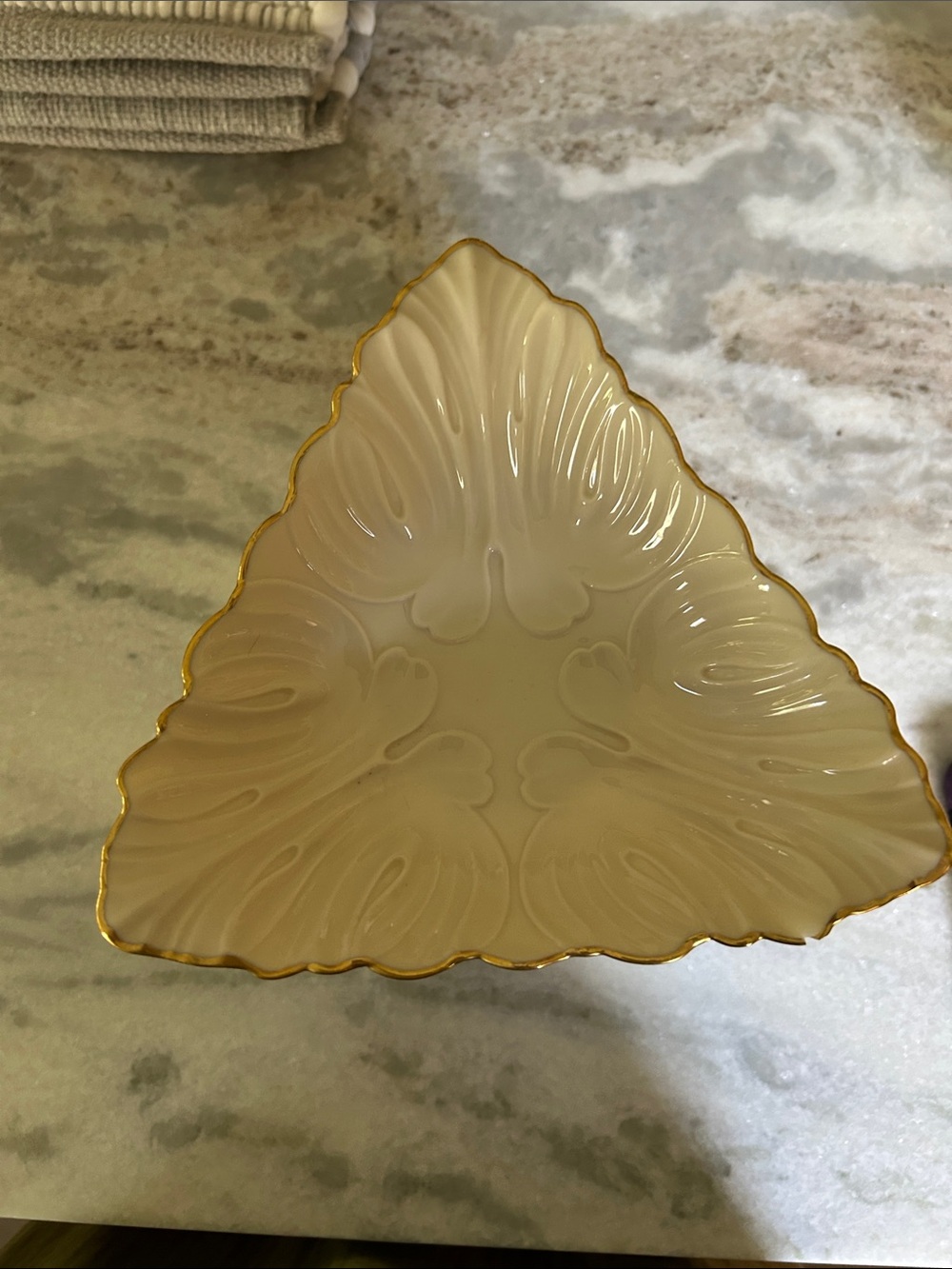 Lenox Triangular Cream Glass Dish with Gold Trim